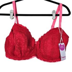 NEW Freya 32I Padded Half Cup Offbeat Red Pink Lace Bra Underwire Lingerie